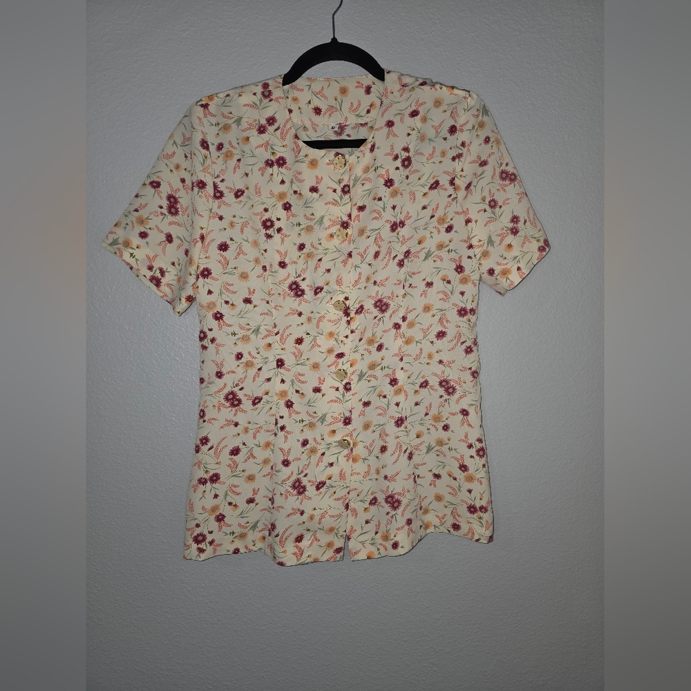 Floral Button Down Shirt With Matching Skirt - Cream and Red